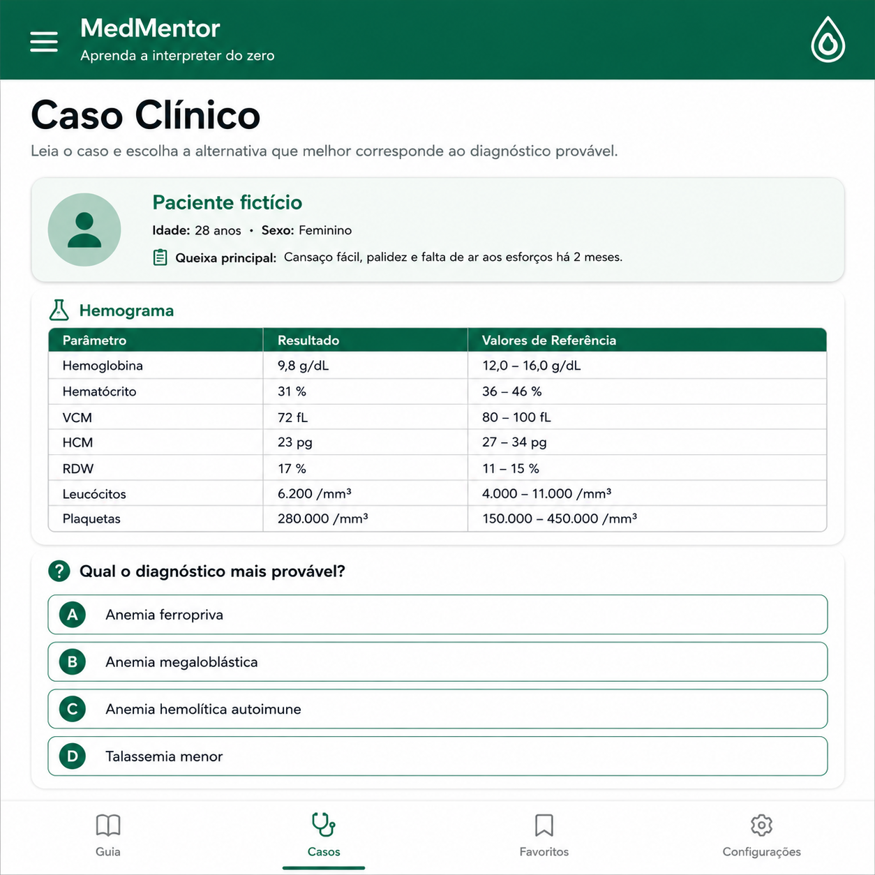Tela de caso clínico personalizado do MedMentor