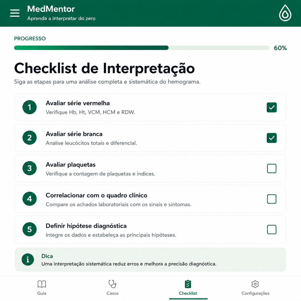 Tela do checklist de interpretação do MedMentor