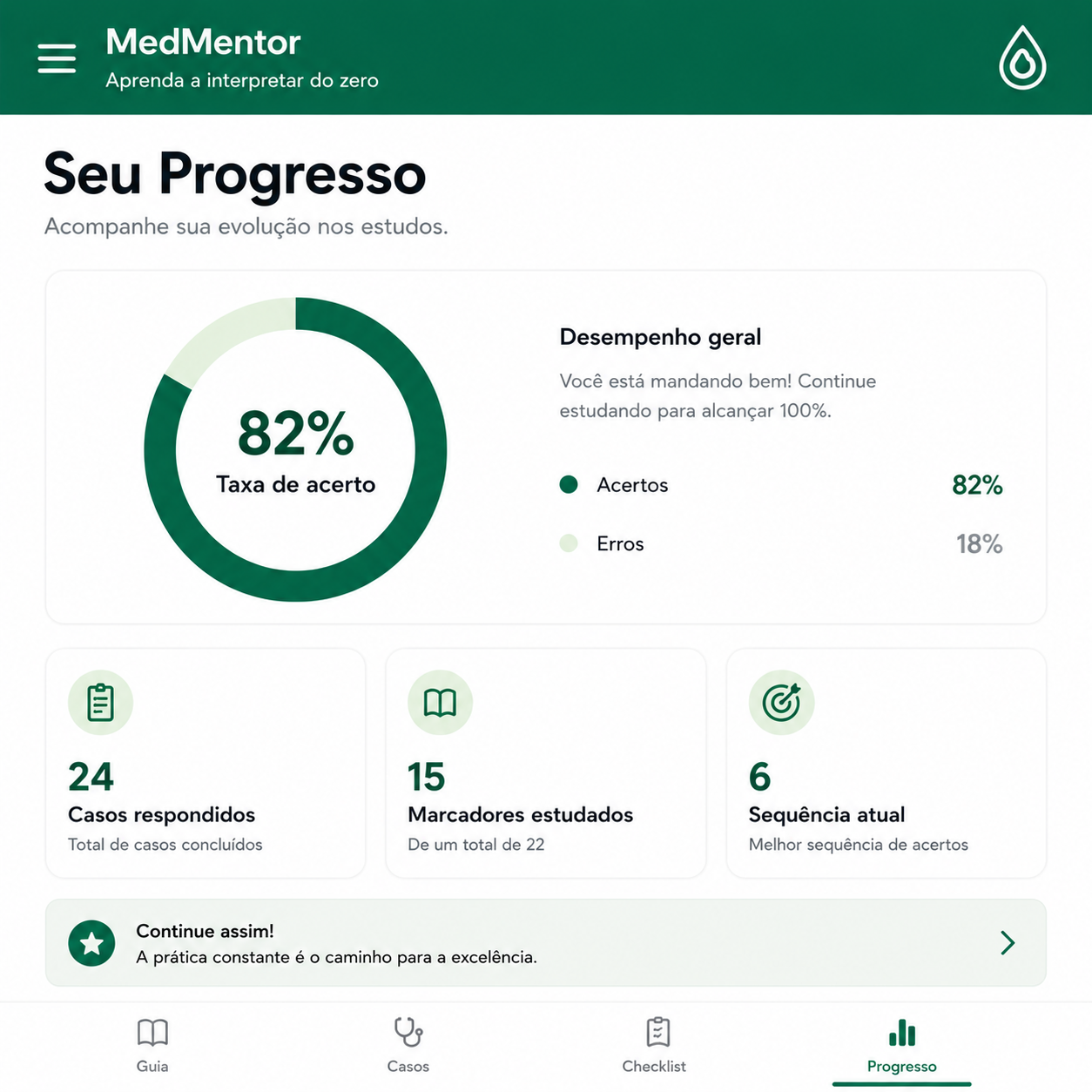 Tela de acompanhamento de progresso do MedMentor
