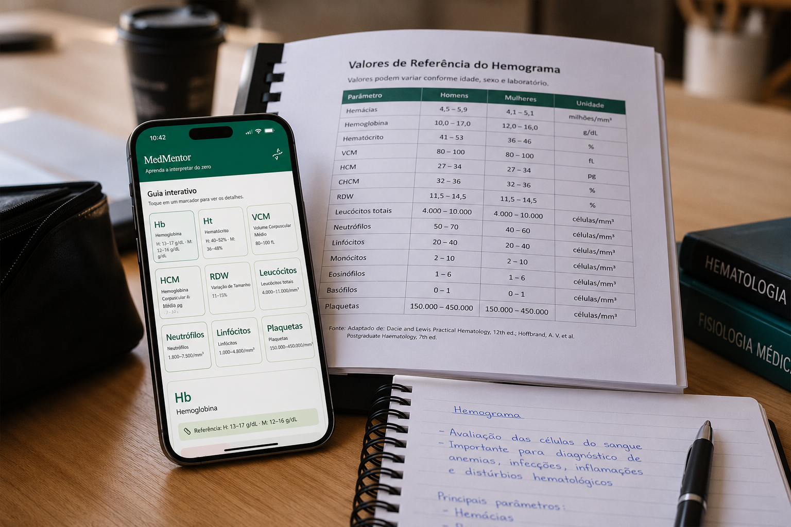 Mockup do guia MedMentor em PDF e da tela do aplicativo de prática de hemograma